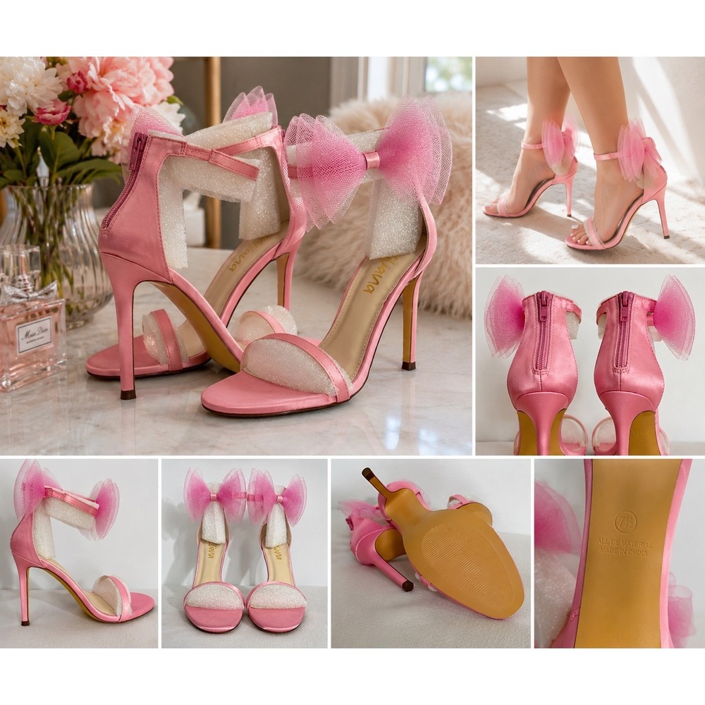 Liliana Pink Satin Mesh Bow Stiletto Sandals Ankle Strap Heels Open Toe Zip Back